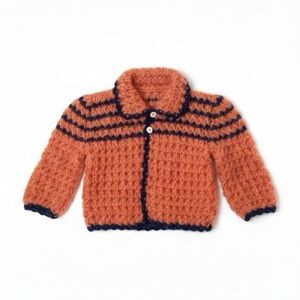 Vintage Handmade Orange and Navy Knit Cardigan For babies Made in Portugal